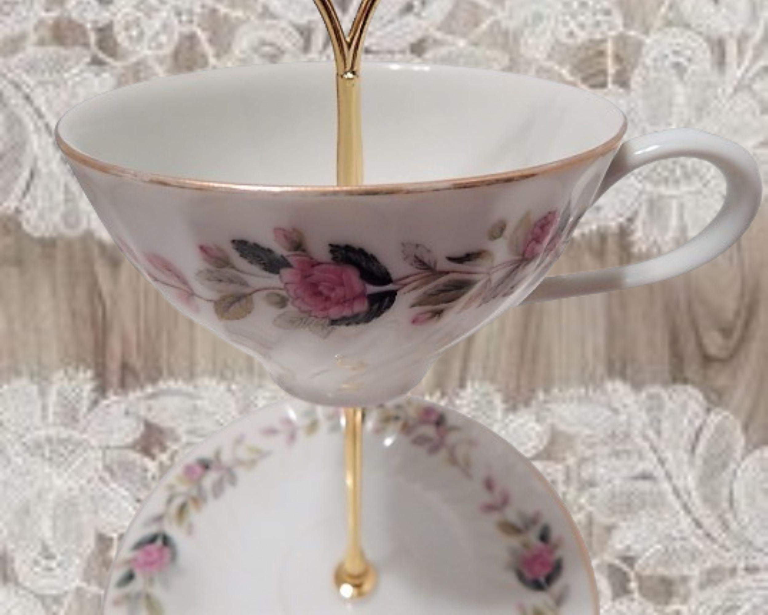 Three Tier Serving Set Fine Bone China Vintage Regency Rose Tea Cup and Saucers Upcycle Vanity