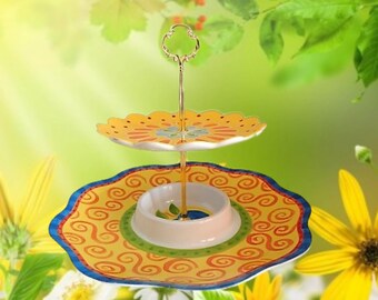Two Tier Serving Platter Yellow Blue Orange Modern Decor Indoor Outdoor Spring Summer Entertaining Melamine Dishes BBQ Pool Party Luau Trays