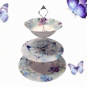 Three Tier Serving Set New Melamine Butterfly Floral Purple Blue Plates and Bowl Spring Summer Party Dessert Cupcake Buffet Dishes Kitchen