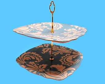 Two Tier Serving Tray Set Aqua Blue and Cream Swirls 8" Sq Melamine Plates Tea Party Dessert Snack Trays Vanity Jewelry Boudoir Decor