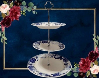 Three Tier Serving Plates Blue and White Trays Vintage 1980s Oneida Fruit on Canvas Ceramic Dishes Kitchen Party Entertaining Buffet Platter