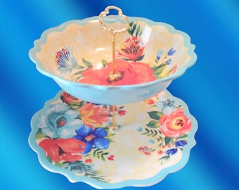 Two Layer Snack Tiers or Dessert Serving Dishes New Pioneer Woman Delaney Teal Pattern Plate and Bowl New Gold Metal Hardware Buffet Tray