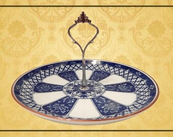 One Tier Snack Serving Plate Blue White Vintage Asian Upcycle Chinoiserie Buffet Party Dessert Tray Vanity Jewelry Dresser Office Dish Decor