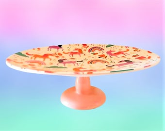 Unicorn Rainbow Plate Birthday Cake Stand Cupcake Serving Platter Colorful Modern Melamine Party Platter Pink Pedestal Plate Girls Party