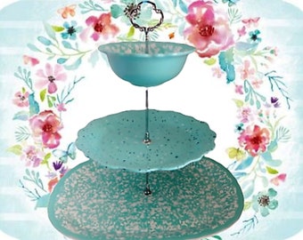 Pioneer Woman 3 Tier Snack Serving Set New Oval Teal Country Splatter Platter Bowl Juliette Plate Silver Metal Hardware Buffet Party Dishes