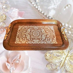 Decorative Tray Vintage 1960s Metal Tea Serving Tray Wood Grain and Lace Clear Acrylic Diamond Knob Feet and Handles Vanity Boudoir Decor