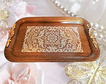 Decorative Tray Vintage 1960s Metal Tea Serving Tray Wood Grain and Lace Clear Acrylic Diamond Knob Feet and Handles Vanity Boudoir Decor