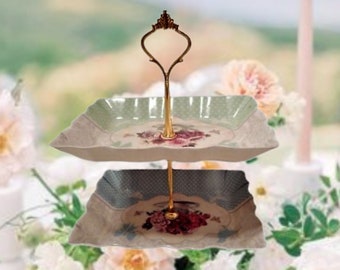 Two Tier Serving Set Vintage Melamine Blue Green Floral Victorian Tea Party Dessert Snack Trays Vanity Dish Jewelry Holder Boudoir Decor