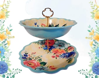 Two Tier Serving Set New Pioneer Woman Delaney Floral Teal Rim Plate and Bowl Metal Hardware Elevated Buffet Tray Entertaining Tableware