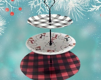 Three Tier Serving Set Buffalo Plaid Snowman Black Red Green White Melamine Platter Plate Bowl Winter Christmas  Party Dishes Buffet Trays