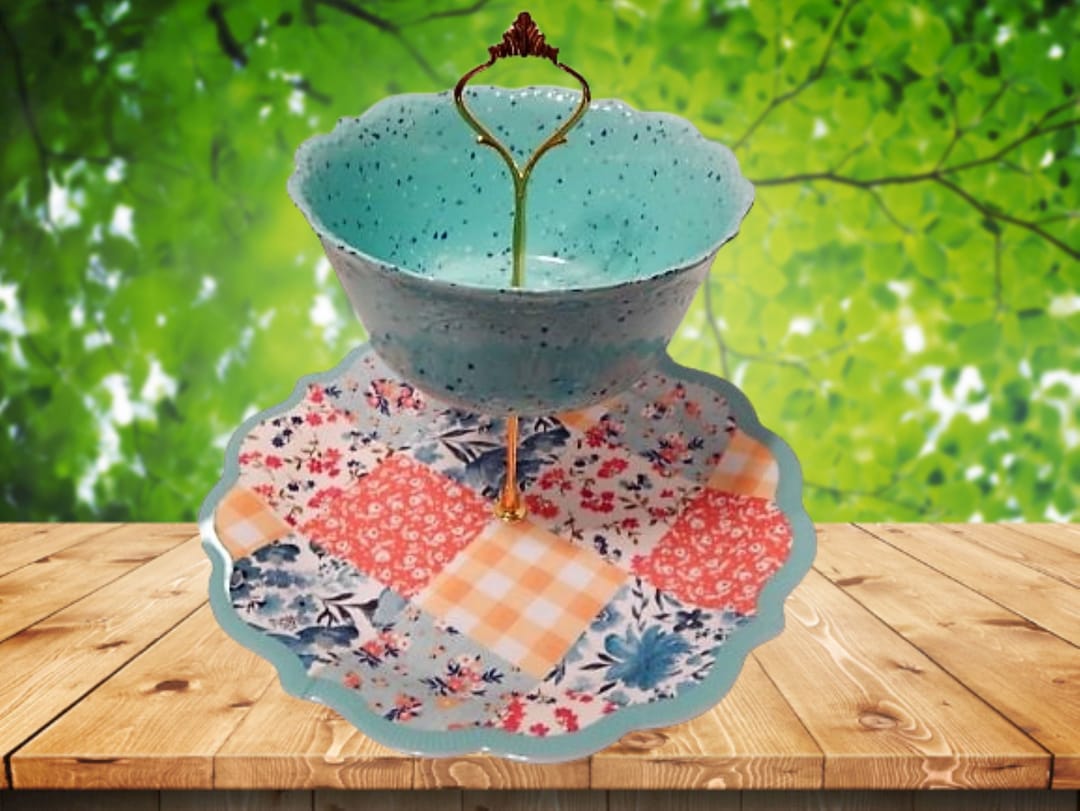 Two Tier Serving Set New Pioneer Woman Dishes Teal Patchwork Medley