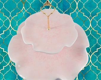 Two Tier Serving Set Large 16" Platter 9" Plate Pink Melamine Wavy Edge New Dishes New Gold Metal Metal Hardware Buffet Grazing Table Trays