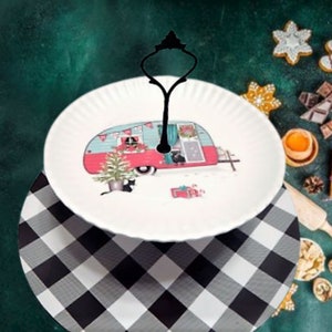 Two Tier Christmas Serving Set New Black and White Buffalo Plaid Scalloped Edge RV Camping Trailer Melamine Plates Party Dishes Buffet Tray
