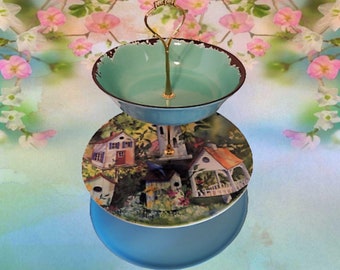 Three Tier Snack Serving Set Vintage Blue Platter Birdhouse Scene Plate New Bowl and Hardware Buffet Charcuterie Table Party Melamine Dishes