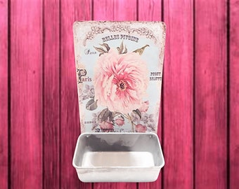 Fat Daddios Loaf Pan Vintage Anodized Aluminum Bin Pink Peony Floral Parisian Tin Sign Upcycle Wall Hanging Kitchen Vanity Storage Caddy