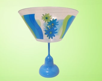 Elevated Big Bowl Serving Dish Vintage 1970s Blue and Green Pop Flower Bowl Blue Plastic Margarita Cup Pedestal Indoor Outdoor Entertaining