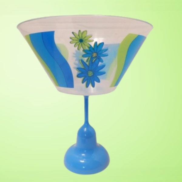 Elevated Big Bowl Serving Dish Vintage 1970s Blue and Green Pop Flower Bowl Blue Plastic Margarita Cup Pedestal Indoor Outdoor Entertaining