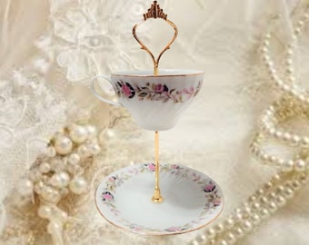 Two Tier Serving Set Fine Bone China Vintage Regency Rose Tea Cup and Saucer Upcycle Vanity Trinket Dish Handcrafted Tableware Boudoir Decor