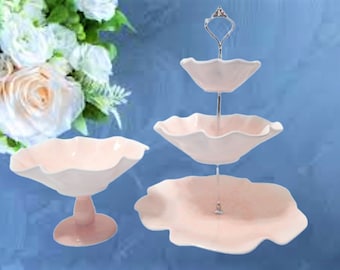 Pedestal Serving Dish with Three Tier Platter and Bowl New Pink Melamine Wavy Edge Elegant Buffet Party Trays Tableware