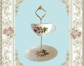 Two Tier Serving Set Vintage Cream and Pink Rose Tea Cup and Saucer Upcycle Vanity Trinket Dish  Tableware Boudoir Decor Gift for Her