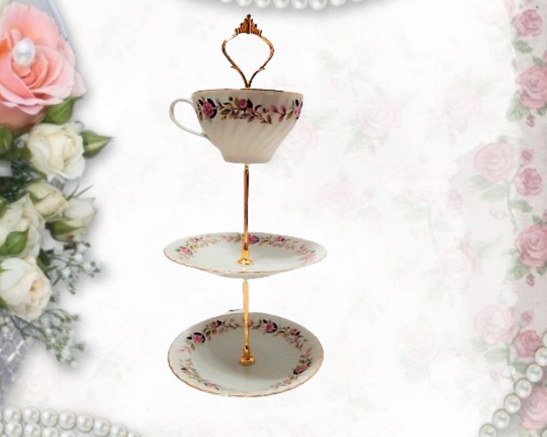 Three Tier Serving Set Fine Bone China Vintage Regency Rose Tea Cup and Saucers Upcycle Vanity