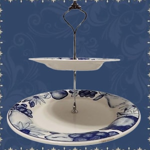 Two Tier Serving Plates Blue and White Trays Vintage 1980s Oneida Fruit on Canvas Ceramic Dishes Kitchen Party Entertaining Buffet Platter