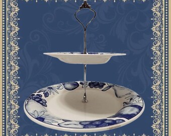 Two Tier Serving Plates Blue and White Trays Vintage 1980s Oneida Fruit on Canvas Ceramic Dishes Kitchen Party Entertaining Buffet Platter