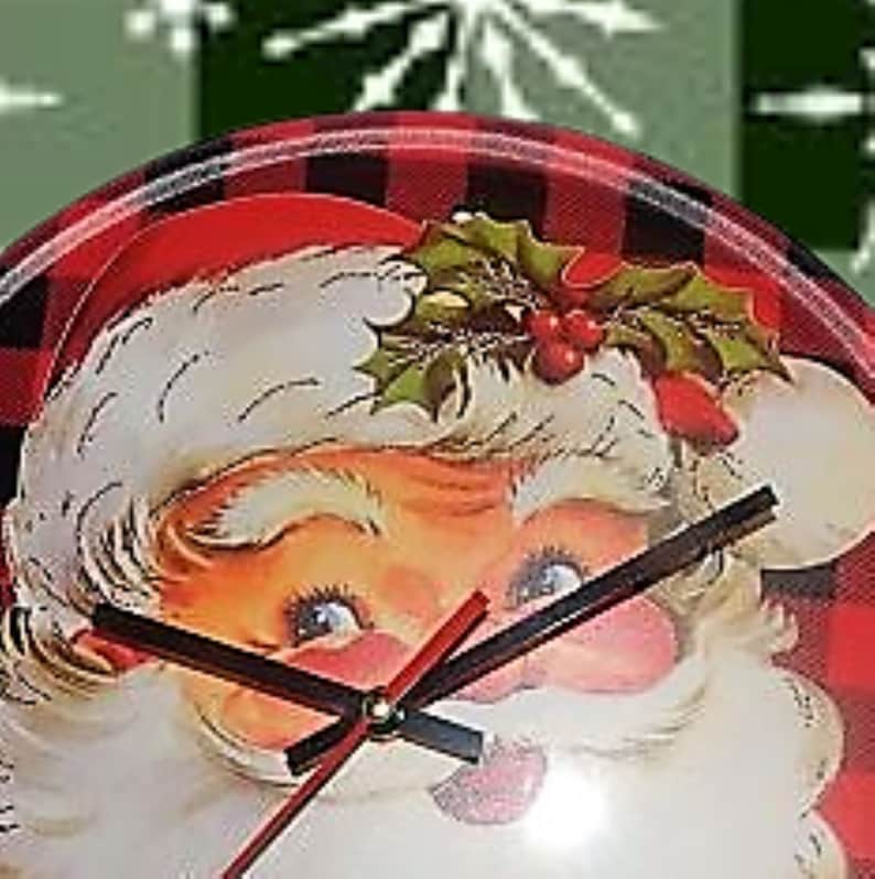 Sata Clock Electric Wall Clock Santa Claus Face Red and Black Buffalo Plaid 13 ...