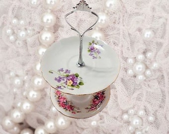 Two Tier Serving Plate Set Vintage 1960s Saucers Pink Purple Floral Transferware Fine China Vanity Dresser Jewelry Tea Party Hostess Dish