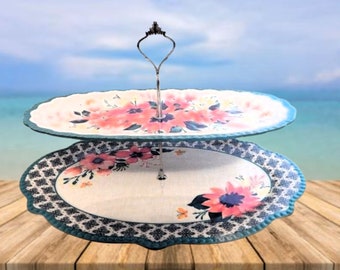 Pioneer Woman Fresh Floral Two Tier Oval Platters Serving Set Colorful Melamine Hostess Trays Entertaining Buffet Dishes Party Tableware