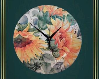 Sunflowers Electric Wall Hanging Clock 13" Yellow and Green Melamine Plate Quartz Analog Clock Farmhouse Home Decor Gift