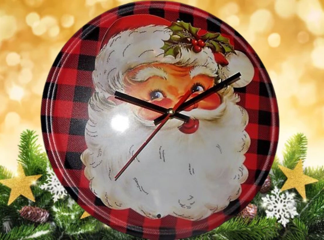 Sata Clock Electric Wall Clock Santa Claus Face Red and Black Buffalo Plaid 13 ...