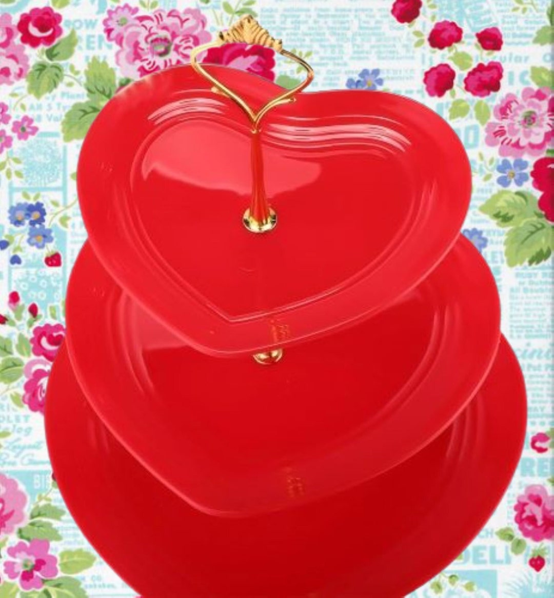 Valentines Day Red Heart Plate Serving Tray Set 3 Tier Plastic Dishes