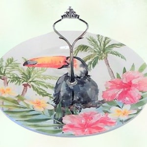 Toucan and Pink Hibiscus Single Tier Serving Dish New Melamine Shallow Bowl Colorful Tropical Flower Bird BBQ Buffet Luau Pool Party Decor