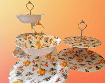 Two or Three Tier Snack Serving Set New Yellow Honey Bee Hive Melamine Platter Plate Bowl and Hardware Buffet Charcuterie Table Party Dishes