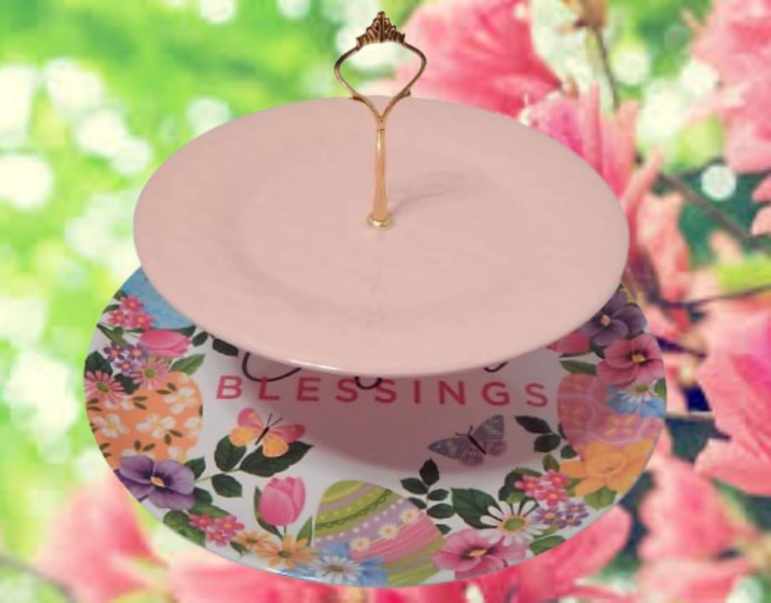 Two Tier Easter Serving Platter Set New 14 Floral and 9.5 Pink Melamine