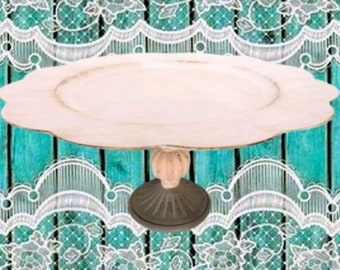 Cake Stand Antique Style Resin Platter Off White Wood Look Plate Metal Finial Cottage Shabby Pedestal Serving Dish Cupcake Buffet Tray