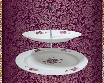 Two Tier Serving Tray Set Purple Plum Lavender Floral Viola Violet Flowers  Vintage 1950s Newfields Japan Oval Platters Party Buffet Dishes