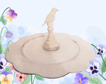 Antique Style Resin Bird Finial Platter Off White Wood Look Cottage Shabby Vanity Dessert Serving Cupcake Buffet Tray Home Decor