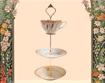 Three Tier Fine Bone China Vanity Jewelry Dish Cream Gold Tea Cup Retriculaterd Art Deco Saucer Vintage Upcycle Trinket Stand Boudoir Decor