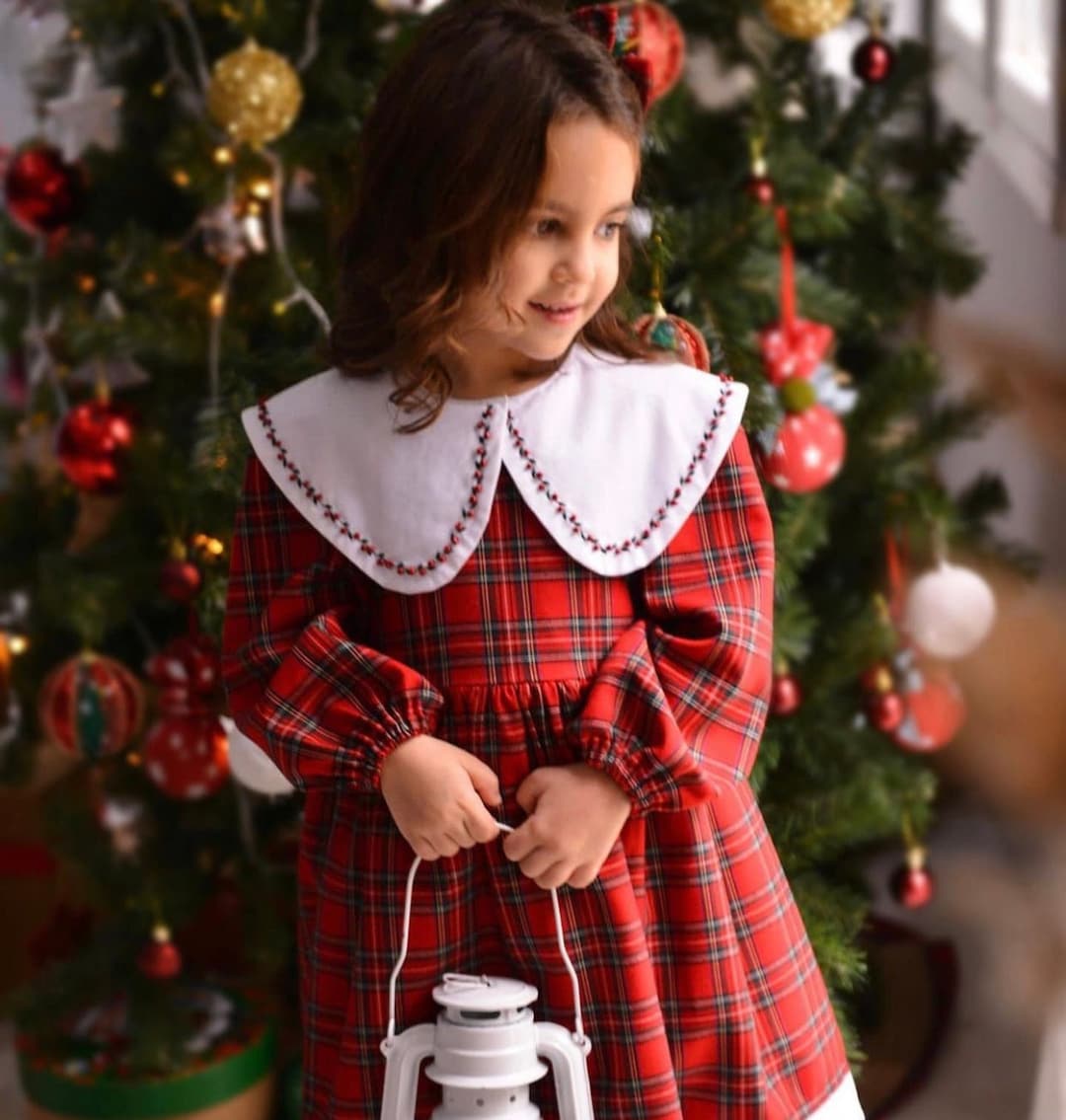 Girl's Christmas Dress Red Plaid Vintage Style Collar Baby Dress Girls