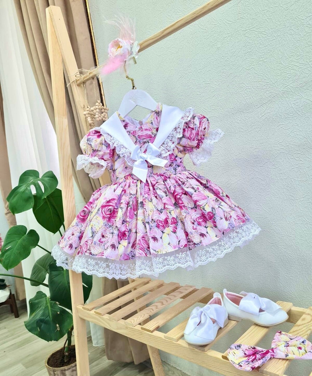Pink Girls Easter Dress, Kids Pink Cotton Vintage Style Easter Birthday Party Dress, Kids Tea
