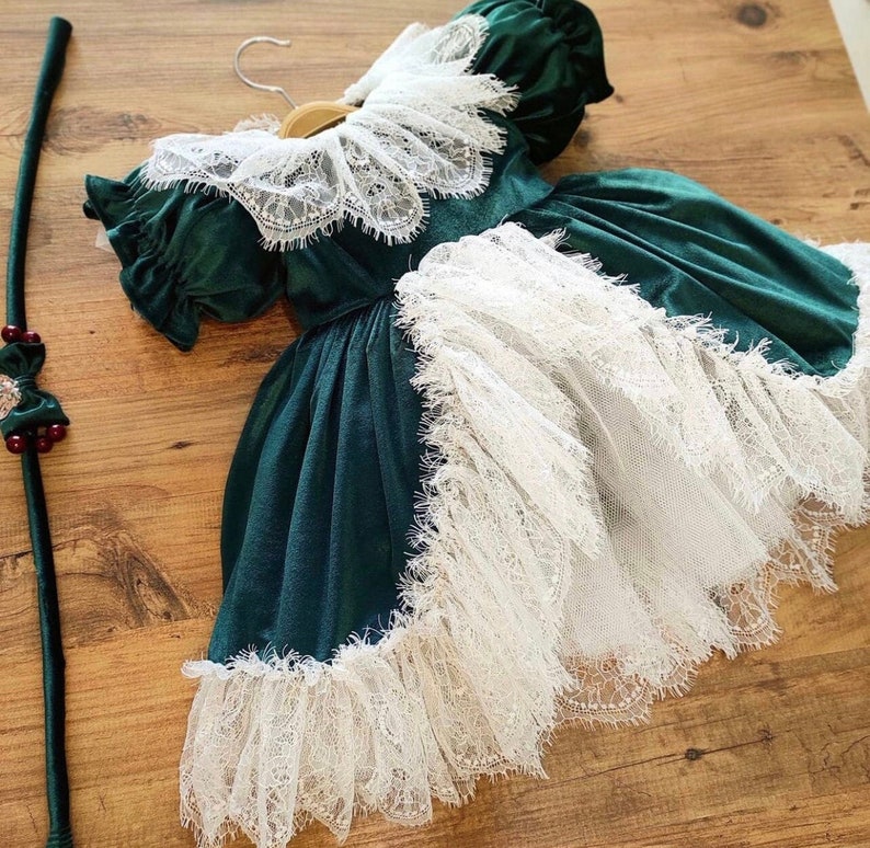 Baby Girls Christmas Dress Emerald Green Lace Collar Velvet Etsy