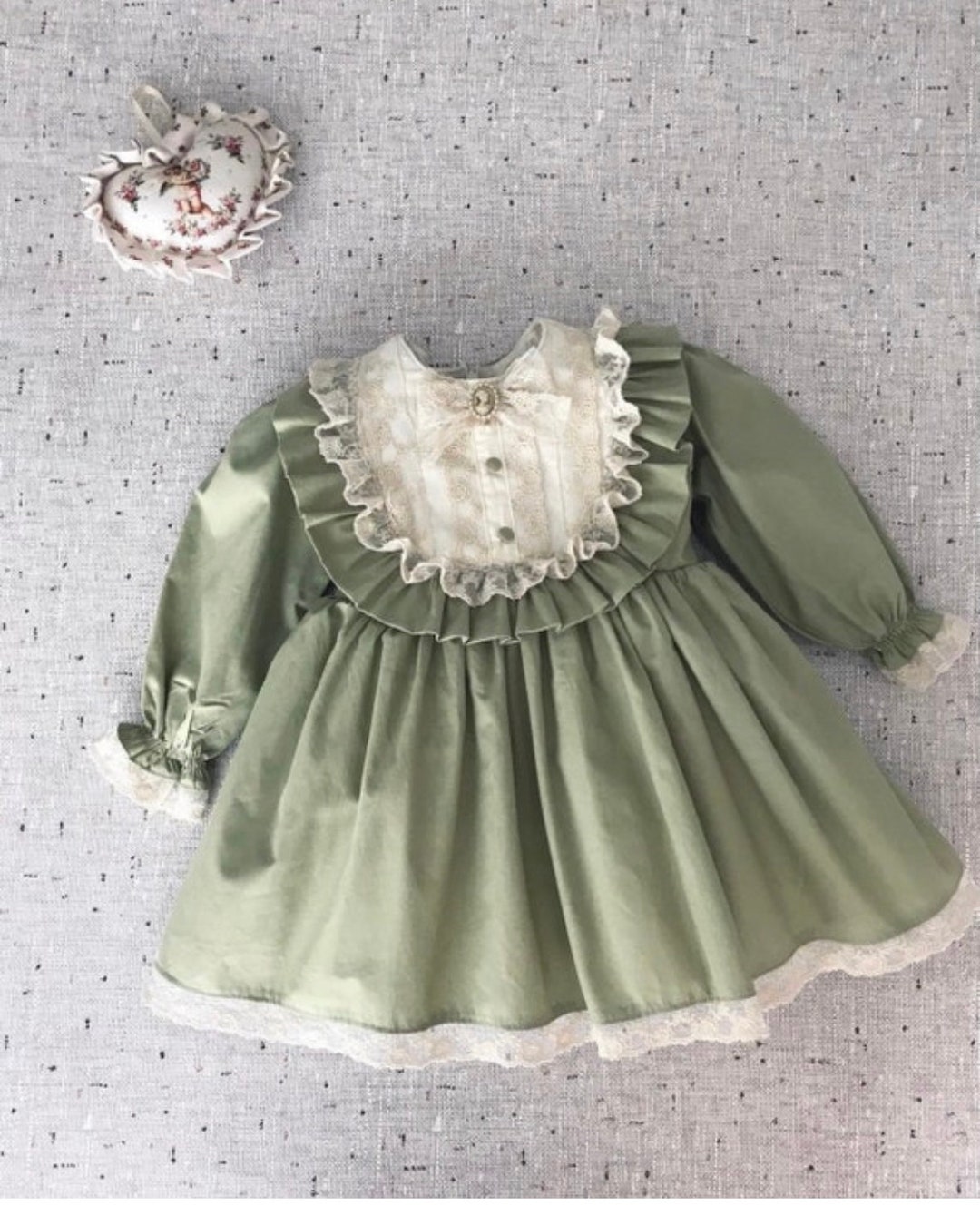 Green Vintage Style Baby Girls Cotton Birthday Dress, Girls Retro Style