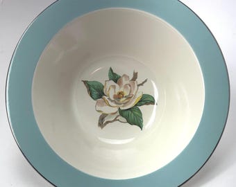Vintage Homer Laughlin China Serving Bowl: Turquoise Rim, Magnolia Flower