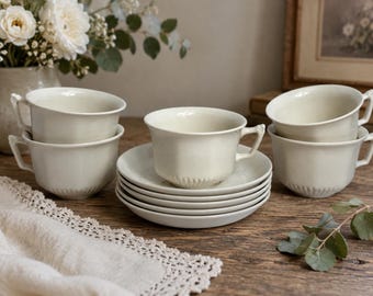 Vintage Adams Real English Ironstone Micratex Tea Cups & Saucers Set of 5 | Made in England | Ivory Fluted Coffee Cups | Cottagecore English