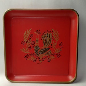 Vassoio da portata o da tè decorativo vintage decorato con pavone MCM Maxey rosso