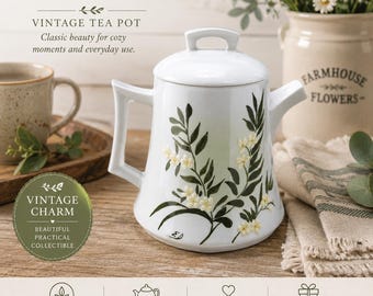 Vintage 1987 Hand Painted Ceramic Coffee Pot with Lid | Signed JS Floral Coffee Server | White Stoneware Tea Pot | Cottagecore Kitchen Decor