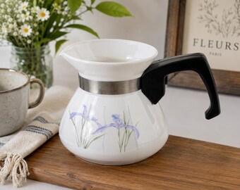 Vintage Corning Ware Shadow Iris Coffee Carafe | Purple Iris Glass Coffee Pot | Corning Corelle Floral Coffee Server | Made in USA