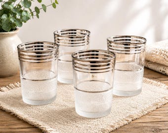 Vintage Frosted Rocks Glasses with Silver Trim - MCM Barware Set of 4